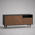 Armoire Meuble TV bas en MDF avec placage de noix, 2 portes, 2 tiroirs, noir et brun de noix, 160 × 40 × 70 cm