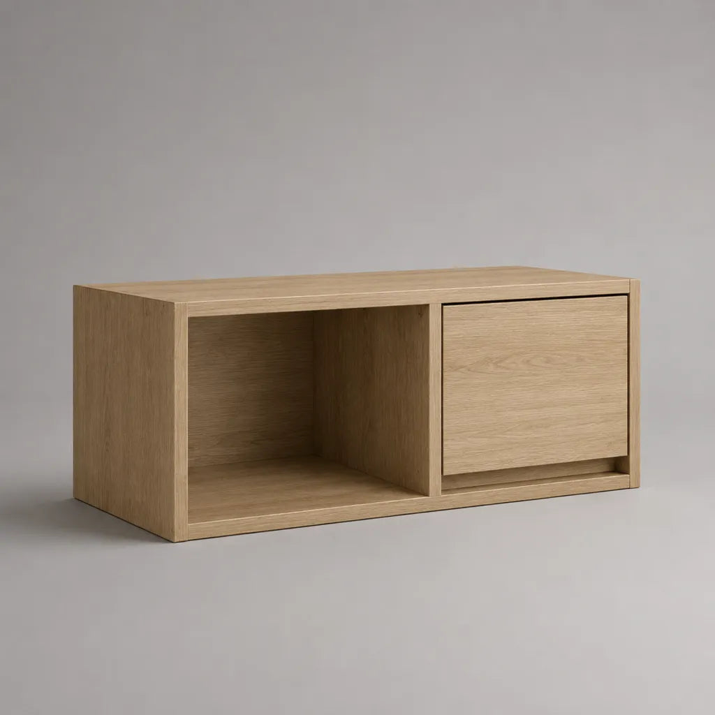 Meuble TV bas en MDF avec placage de chêne, porte pliante et compartiment ouvert, chêne nature, 100 × 40 × 45 cm