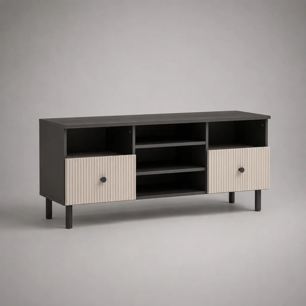 Meuble TV bas en panneau de particules recouvert de mélamine et MDF avec 2 portes, anthracite/braie, 120 × 40 × 65 cm
