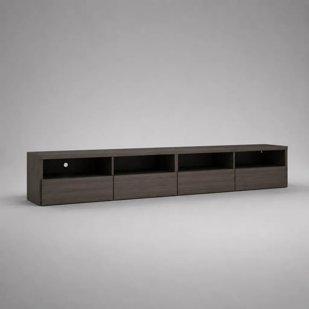 Meuble TV bas en bois avec 4 compartiments pliants et 4 compartiments ouverts, brun foncé, 200 × 40 × 50 cm